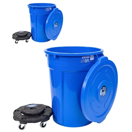 Magnum Tool Blue 55 Gallon Trash Can Set, Trash Can, Quiet Dolly, and Reinforced Lid, 2 Set CMTC-CLD0-55B02