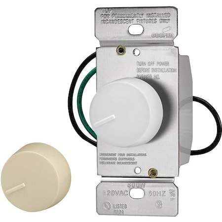 Eaton Wiring Devices Rotary Dimmer, 120 V, 600 W, Halogen, Incandescent Lamp, 3-Way, Ivory/White RI06P-VW-K2