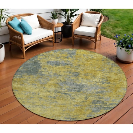 Homeroots 8' Gold Green And Gray Round Abstract Washable Indoor Outdoor Area Rug 603589