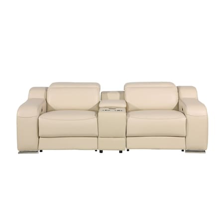 Homeroots 89in Cream and Silver Italian Leather Power Reclining Loveseat With Storage 720523