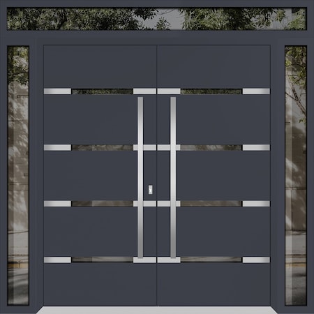 Vdomdoors Metal Double Doors Deux 1105 Gray Graphite Mirrored Glass 2 Sidelights and Top Transom Entry Modern DEUX1105DEXD-GRE-W12+72+12xH96+14-LH-I