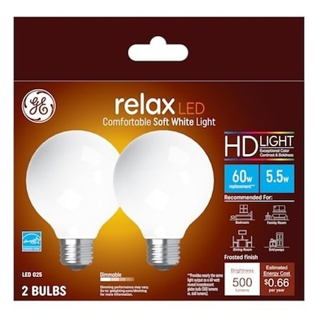 Ge Relax Series Replacement LED Light Bulb, G25 Lamp, 60 W Equivalent, E26 Dimmable, White, PK2 31696