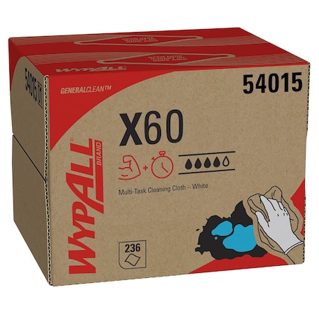 Wypall WypAll X60 Dry Wipe, 11 in x 16 3/4 in, White, Dispenser Box, 236 Sheets 54015