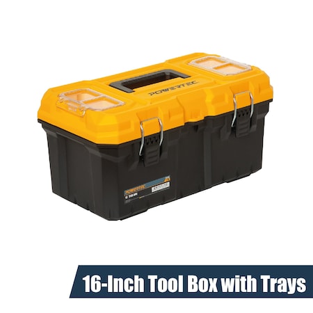 Powertec 16 Inch Tool Box with Trays, Lockable, Metal Latch, Organizer, Portable Storage for Tools 72119