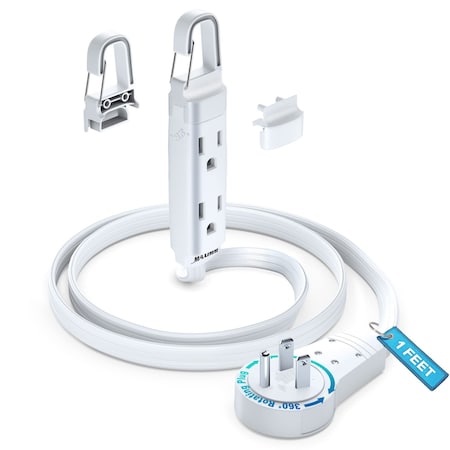 Maximm 1ft 16AWG 360 degrees Flat Plug Extension Cord w/ Removable Hook, UL, White ADW-360-C101-WH