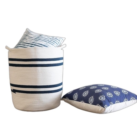Homeroots 19" Ivory and Navy Stripe Cotton Woven Rope Basket 399244