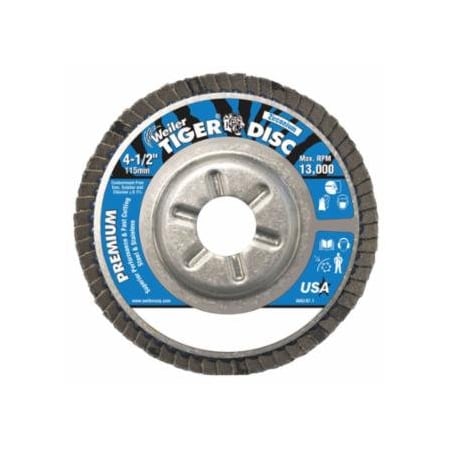 Weiler Tiger Disc Angled Style Flap Discs, 4 1/2 in, 120 Grit, 7/8 Arbor, Aluminum Back 804-50516