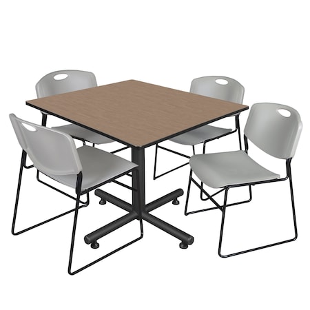 Regency Square Kobe Breakroom Table W/ 4 Zeng Stack Chairs, 48 in W, 48 in L, Noble Oak TKB4848NO44GY