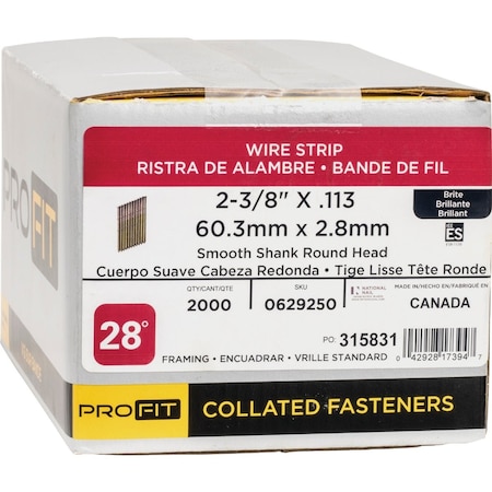 Pro-Fit 2-3/8'' x 0.133'' 28 Degree Wire Strip Smooth Shank Round Head Brite Framing Stick Nails, 2000 Ct. 629250