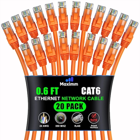 Maximm Cat6 Ethernet Cable 0.6ft 10Gbps 550MHz UTP, 20PK, Orange, 20PK CAT6CCA-0.6OR-20PK