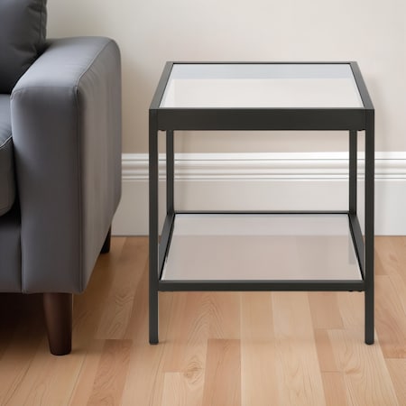 Homeroots 22" Black And Clear Glass And Steel Square End Table With Shelf 544170