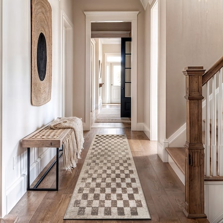 World Rug Gallery Contemporary Checkered Runner Rug 2 ft 3 in x 12 ft Beige WR102BEIGE2X12