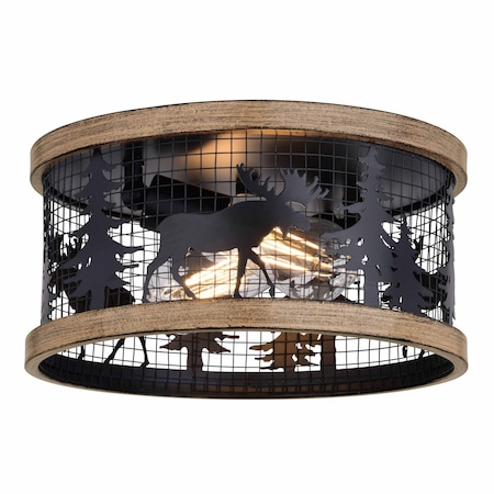 Vaxcel Kodiak 12-in W Black Rustic Round Cage Flush Mount Ceiling Light Fixture Moose and Tree Motif C0307