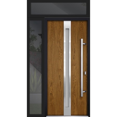 Vdomdoors Steel Door Deux 1744 Natural Oak Sidelight and Transom Black Window Stainless Inserts Single Modern DEUX1744EXD-OAKB-W36+14 x H80+16-Left-hand Inswing