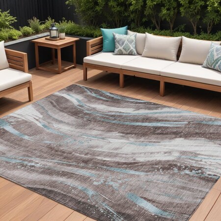 Homeroots 10' X 14' Taupe Sky Blue And Ivory Abstract Washable Indoor Outdoor Area Rug 617448