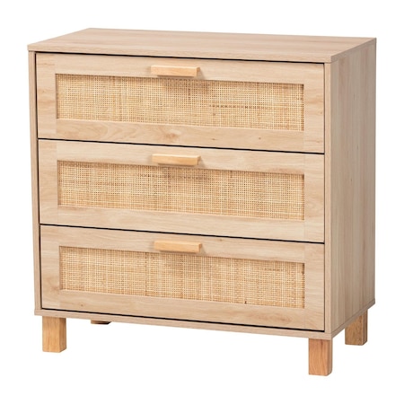 Baxton Studio Sebille Mid-Century Modern Light Brown Finished Wood 3-Drawer Storage Chest with Natural Rattan 207-12464