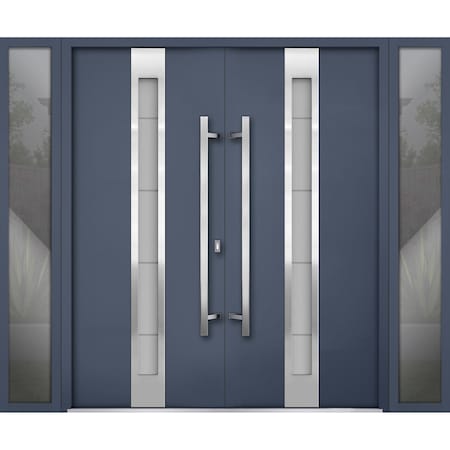 Vdomdoors Steel Double Doors Deux 1717 Gray Graphite 2 Sidelight Exterior Windows Stainless Inserts Single Mo DEUX1717DEXD-GRE-RH-W12+72+12 x H80