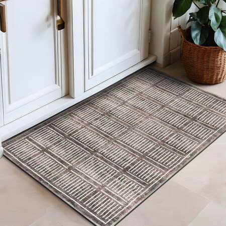 World Rug Gallery Bohemian Stripe Lines Washable Non Slip Area Rug 2 ft x 3 ft Brown WR68BROWN2X3