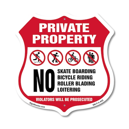 Signmission Private Property Shield Sign No Skateboa, 6 Inch X 6 Inch, Plastic Sign SHI-P-6-442