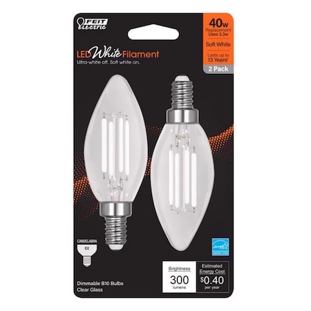 Feit Electric White B10 E12 (Candelabra) Filament LED Bulb Soft White 40 Watt Equivalence, 2PK BPCTC40927WFIL2