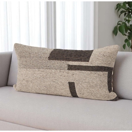 Homeroots 14" X 26" Beige And Dark Brown Lumbar Color Block Wool Blend Throw Pillow Cover with Texture 608186