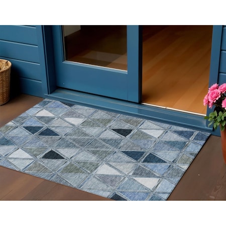 Homeroots 3' X 5' Denim Blue And Sky Blue Geometric Washable Indoor Outdoor Area Rug 583022