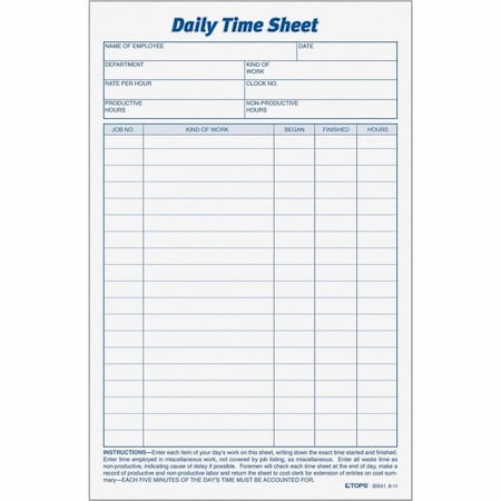 Tops Business Forms TOPS, Daily Time And Job Sheets, 8 1/2 X 5 1/2, 2PK 30041