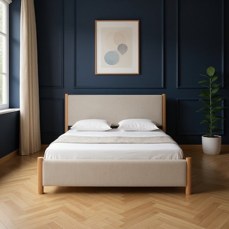 Homeroots Natural and Beige Wood And Upholstery King Bed Frame 583187