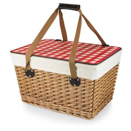 Picnic Time Family Of Brands Canasta Grande Wicker Basket, Beige Canvas with Red & White Gingham Pattern Lid 119-00-300-000-0