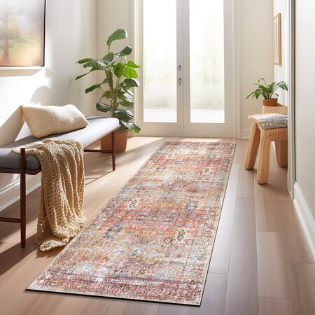 World Rug Gallery Transitional Distressed Machine Washable Non Slip Runner Rug 2 ft 6 in x 12 ft Multi 6030MULTI26X12
