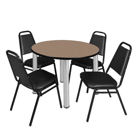 Regency Round Kee Breakroom Table W/ 4 Restaurant Stack Chairs, 36 in W, 36 in L, Noble Oak TB36RNDNOBPCM29BK