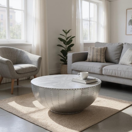 Homeroots 39" Silver Aluminum Aviator Round Drum Coffee Table 572267