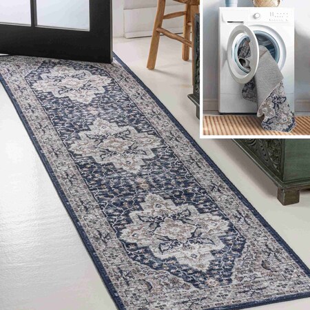 Jonathan Y Didim Boho Gray Medallion Non-Slip Machine-Washable Navy/Light Gray 2 ft. x 8 ft. Runner Rug WSH102B-28