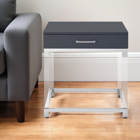 Homeroots 24" Dark Gray and Silver Wood Acrylic and Stainless Steel Square End Table With Drawer 544059