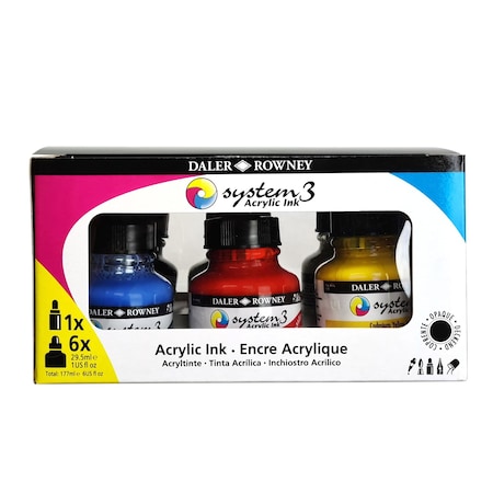 Daler-Rowney System3 Acrylic Ink Introduction Set with Empty Marker, Assorted Colors, 29.5ml, 6-Piece Set D161100007