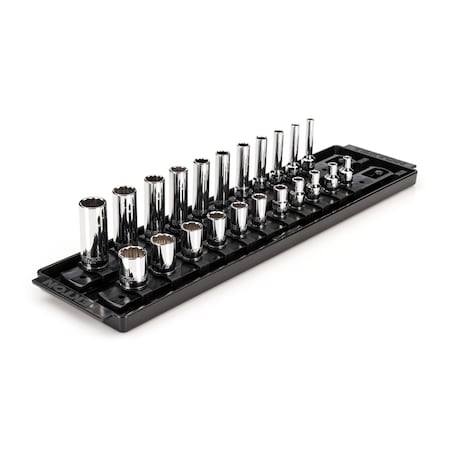 Tekton 1/4 Inch Drive 12-Point Socket Set with Rails and Tray, 22-Piece 5/32-9/16 in. SHD90213