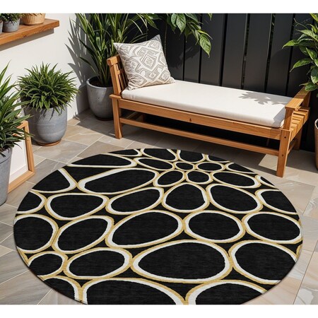 Homeroots 8' Black Ivory And Beige Round Abstract Washable Indoor Outdoor Area Rug 600518