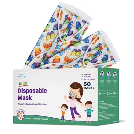 Wecare Kids Disposable Face Mask, 3, Butterfly Print, Kids, 50 PK WMN100075
