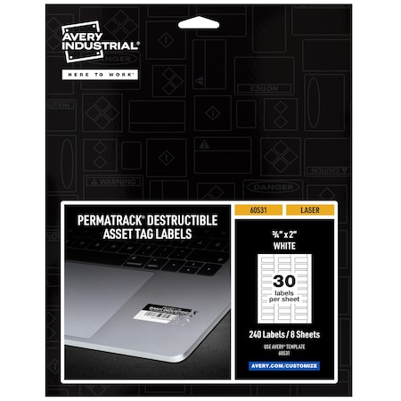 Avery Destructible Asset Tag Labels, 3/4, PK240, 2 in W, White, Rectangle, 240 PK 60531