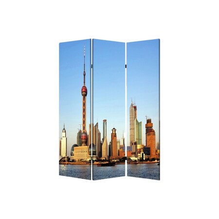 Homeroots 72" Blue Reversible China Cityscape Canvas Folding Three Panel Screen Room Divider 277080