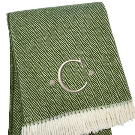 Homeroots 55" X 70" Moss Green White Herringbone Cotton Blend C Initial Throw Blanket with Tassels Embroidery 680593