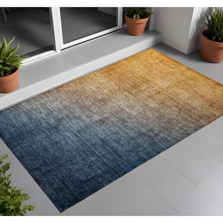 Homeroots 2' X 3' Denim and Gold Ombre Washable Non Skid Indoor Outdoor Area Rug 563709