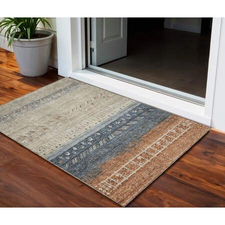 Homeroots 3' X 5' Brown Blue And Beige Southwestern Washable Indoor Outdoor Area Rug 605121