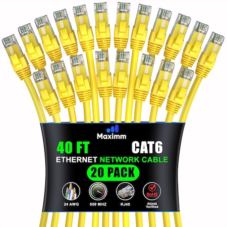 Maximm Cat6 Ethernet Cable 40ft 10Gbps 550MHz UTP, 20PK, Yellow, 20PK CAT6CCA-40YL20PK
