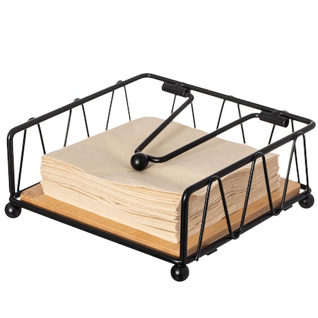 Basicwise Flat Metal Square Napkin Holder with Weighted Arm and a Wooden Tray Perfect for Adorning QI004650