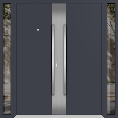 Vdomdoors Metal Double Doors Deux 0729 Gray Graphite Stainless Steel insert 2 Sidelights Entry Modern Painted DEUX0729DEXD-GRE-W16+72+16xH80-LH-O