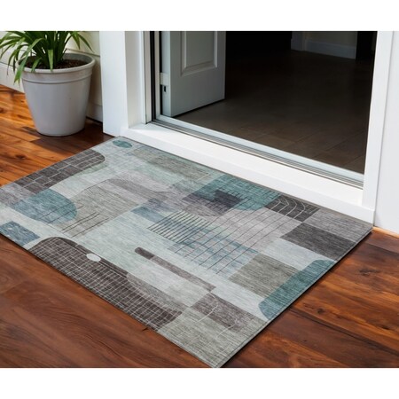 Homeroots 3' X 5' Teal Blue Gray And Charcoal Abstract Washable Indoor Outdoor Area Rug 604384