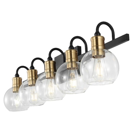 Jonathan Y Marais 36.5" 5-Light Iron/Glass Rustic Vintage LED Vanity Light, Black/Brass Gold JYL3556A