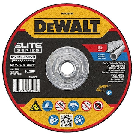 Dewalt Depressed Center Cut-Off Wheel, Type 27, 6 in Dia, 0.045 in Thick, 5/8"-11 Arbor Hole Size, Ceramic DWA8959H