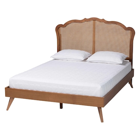 Baxton Studio Aithan Mid-Century Walnut Brown Wood and Rattan Queen Size Platform Bed 247-12666-9408-ZORO